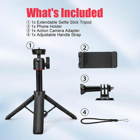 Extendable Mini Tripod For GoPro Hero Cameras And Osmo Pocket with accessories in packaging, 8 to 23.6 inch height.