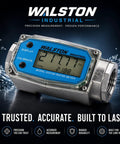 Three Quarter Inch Digital Water Meter Inline Flow Meter With Female NPT Threads To Track Water Usage In Gallons Quarts Pints And Liters Battery Powered By Two AAA Batteries Factory Calibrated For Water And Recalibratable, angled view