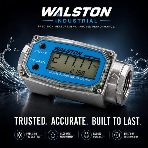 Three Quarter Inch Digital Water Meter Inline Flow Meter With Female NPT Threads To Track Water Usage In Gallons Quarts Pints And Liters Battery Powered By Two AAA Batteries Factory Calibrated For Water And Recalibratable, angled view