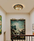 Hallway with Tiffany Style Stained Glass Ceiling Light 3 Light Fixture 16 Inch Flush Mount Lit Vintage Vibe installed.