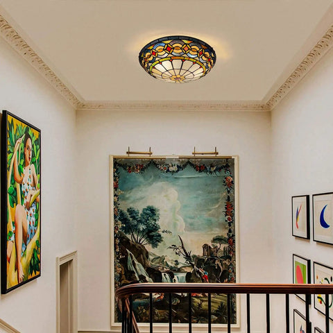 Hallway with Tiffany Style Stained Glass Ceiling Light 3 Light Fixture 16 Inch Flush Mount Lit Vintage Vibe installed.