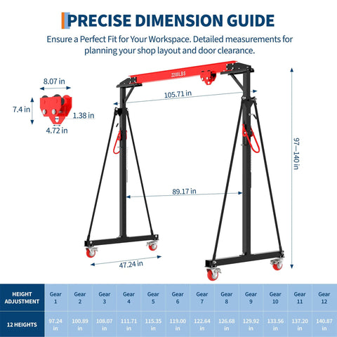 Beefy 1 Ton Gantry Crane With Manual Trolley And Hook Sling, 12 Locking Positions From 97 To 141 Inches, dimension guide shown