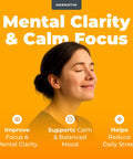 Woman smiling with text advertising mental clarity and calm focus benefits of 5 Mg Lithium Supplement Tablets For Calm Focus And Mood Support No Drowsy Stay Chill Brain Clarity Memory Boost Fast Dissolve With Vitamin B6 And B1 Compare To Lithium Orotate 5mg 60 Count.