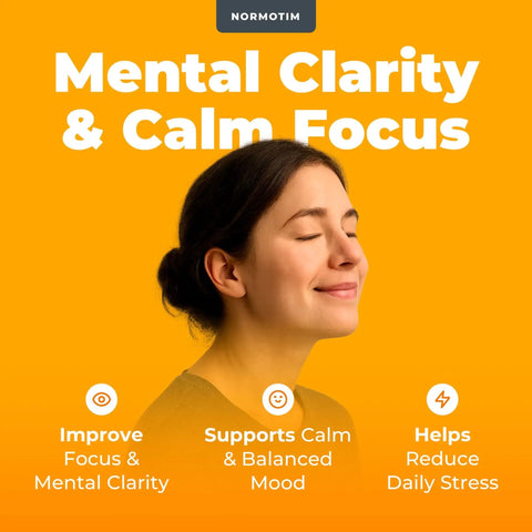Woman smiling with text advertising mental clarity and calm focus benefits of 5 Mg Lithium Supplement Tablets For Calm Focus And Mood Support No Drowsy Stay Chill Brain Clarity Memory Boost Fast Dissolve With Vitamin B6 And B1 Compare To Lithium Orotate 5mg 60 Count.
