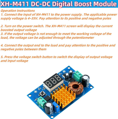 Adjustable DC To DC Boost Converter Module with display and heatsink on blue circuit board for voltage regulation.
