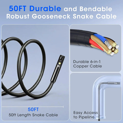 Triple Lens Borescope With 5-Inch IPS Screen 1920P HD Inspection Camera Pro Grade All-In-One Triple Lens System Three 7.9mm HD Lenses High Brightness LED Adjustable Brightness Large Depth Of Field For Tight Spaces. 50ft bendable snake cable for pipe inspection