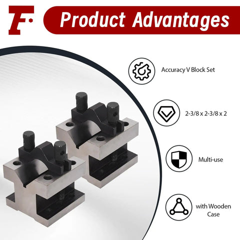 Top Notch Pro Grade V Block With Clamp Set, Hardened Steel 58-60 HRC, 90 Degree V Block Pair For Precision Machining, 2-3/8 x 2-3/8 x 2 Inches, Multi Use Gauge, Precise 0.0002 Tolerance, Wooden Case.