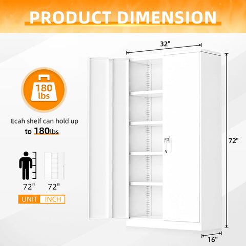 Tough As Nails Heavy Duty Steel Closet 72 Inch Tall Lockable Storage Cabinet dimensions showing 32" x 16" x 72" with weight capacity.