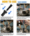 Slide hammer bearing puller kit (12-piece) with 8–32mm collets; step-by-step usage infographic.