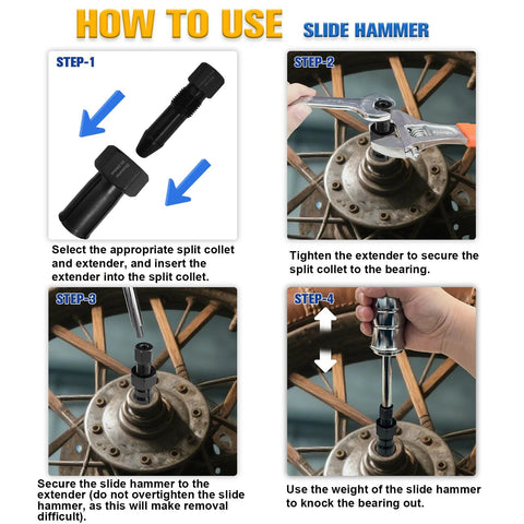 Slide hammer bearing puller kit (12-piece) with 8–32mm collets; step-by-step usage infographic.
