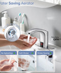 Hands using touchless bathroom sink faucet with motion sensor, chrome finish for residential use, featuring water-saving aerator
