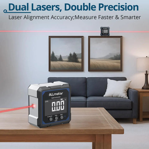 Pro Grade Digital Angle Finder With Laser Magnetic Box Level showing dual lasers in living room setup