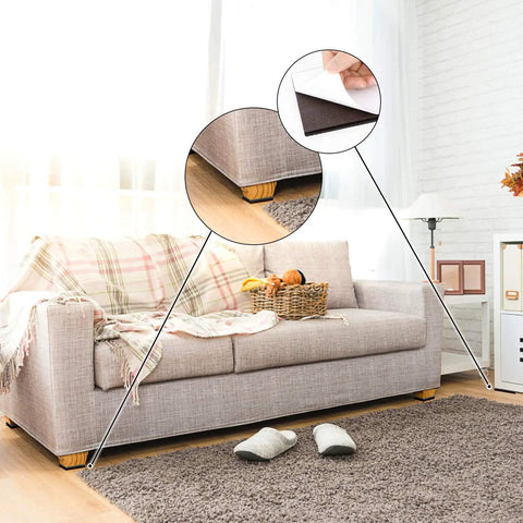 Grippy Non Slip Furniture Pads 12 Pack 4 Inch Self Adhesive Rubber Feet shown on sofa legs to protect hardwood floors from scratches.