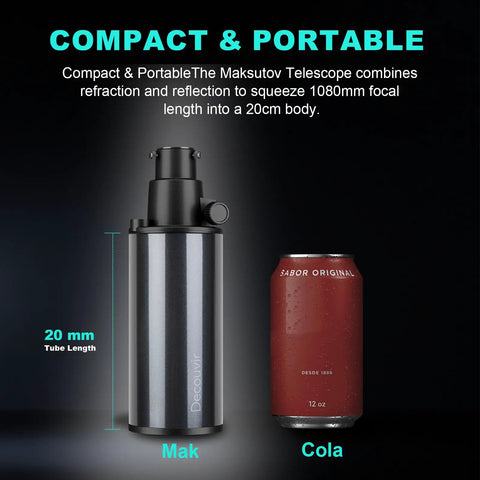 Portable 70mm Catadioptric Telescope For Adults With Pro Tripod and Phone Adapter next to cola can for size comparison