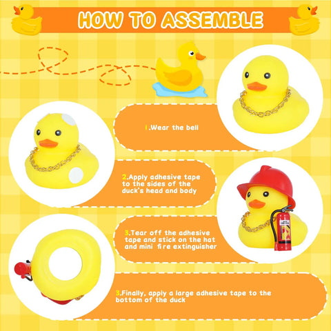 Firefighter Rubber Duck Car Ornament Kit With Hard Hat, Glasses, Gold Necklace And Fire Extinguisher DIY Assemble Guide