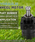 BMER3 350 WD T31 R Hydraulic Wheel Motor displayed on grass, showing part number and compatibility details with BMER 375 and Parker TG TF series.