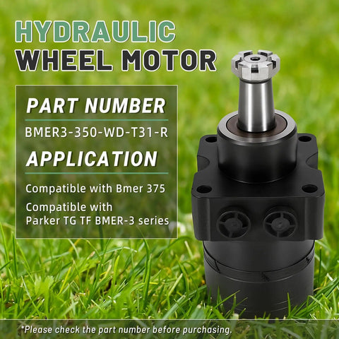 BMER3 350 WD T31 R Hydraulic Wheel Motor displayed on grass, showing part number and compatibility details with BMER 375 and Parker TG TF series.
