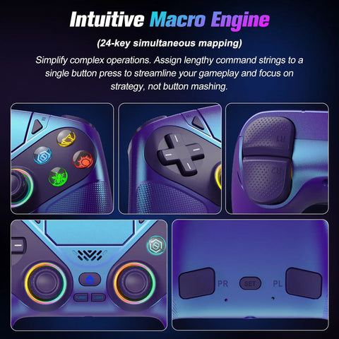 RGB Wireless Controller for PS5 and PC, Bluetooth Gamepad With Turbo, Macro, Dual Vibration, 6 Axis Motion, 3.5mm Audio Jack and 1000mAh Battery, Quick Connect and Plug and Play Across Platforms showing macro and back buttons
