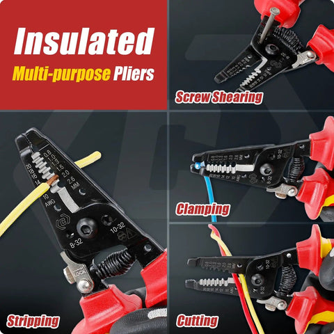 Close-up of insulated wire stripper and cutter for 10-20 AWG solid, 12-22 AWG stranded wire with tool storage case, 1000V rated.