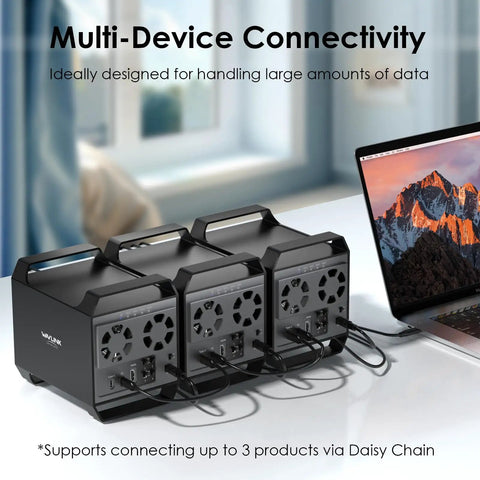 Hella Fast Badass 4 Bay External Hard Drive Enclosure For 3.5 and 2.5 Inch Sata Hdd Ssd With 10Gbps Usb C Support Up To 88Tb Capacity And Smart Cooling Fans Premium Aluminum Shell For Reliable Desktop Backup Station with multi-device connectivity setup.