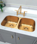 Gold 3.5-Inch Kitchen Sink Drain Assembly With Removable Strainer Basket And Stopper, 304 Stainless Steel, installed in double sink