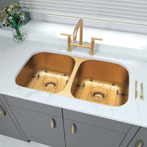 Gold 3.5-Inch Kitchen Sink Drain Assembly With Removable Strainer Basket And Stopper, 304 Stainless Steel, installed in double sink