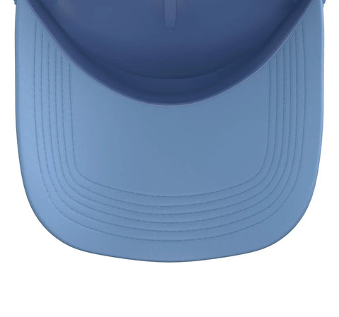 Chill Light Blue Machinist Trucker Hat With CNC Vise Gauge Square Design overhead view showcasing smooth structured front.