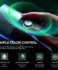 Close-up of RGB Photography Light On The Go 10W Portable Fill Light with glowing color control button and finger adjusting settings.