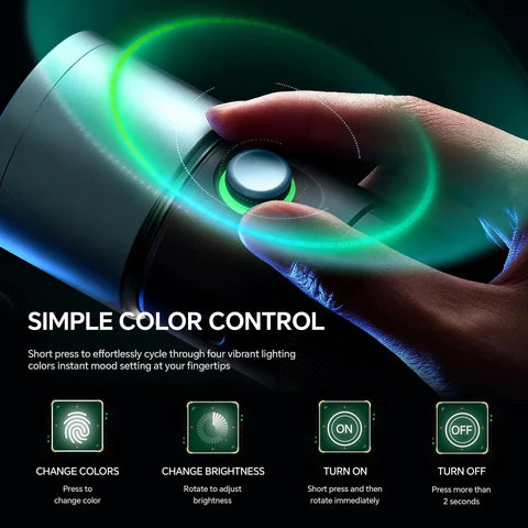 Close-up of RGB Photography Light On The Go 10W Portable Fill Light with glowing color control button and finger adjusting settings.