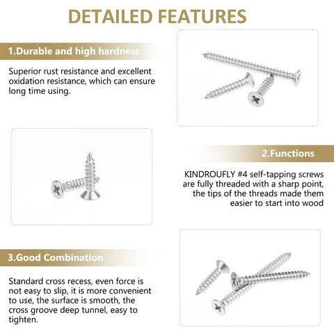 Pro Grade Four Gauge Stainless Steel Wood Screws Countersunk Phillips Head Self Tapping Assortment Kit 202 Piece Set, showing diverse screw sizes and threading features.