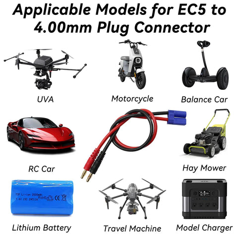 Applicable models for EC5 Male To 4.0mm Banana Plug Adapter For IC5 Connector, RC vehicles and equipment illustration.
