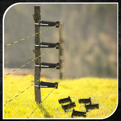 48 Pack Tube Post Insulators For Electric Fence Wire, T Post Insulators For Chain Link, Square Or Round Tubing, Black, Durable Plastic And Steel Construction, Weather Resistant, Perfect For DIY Fencing installed on wooden fence post.