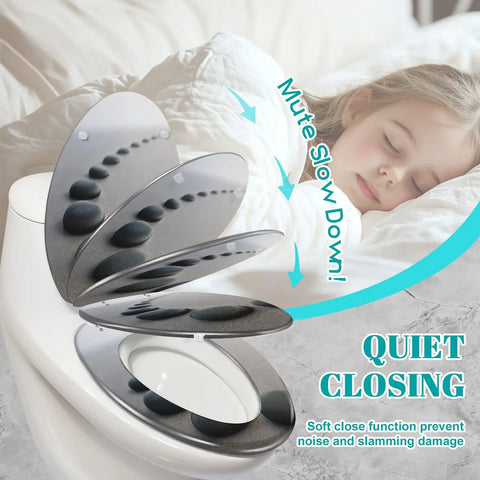 Toilet Seat Slow Close Elongated for Bathroom, featuring soft close function and adjustable hinges, displayed on a toilet.