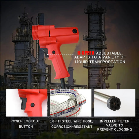 No Sweat 1980W Electric Fuel Transfer Pump For 55 Gallon Drums with 6-speed adjustable handle and 6.6 ft steel wire hose.