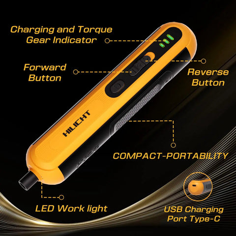 Close-up view of 4V Cordless Electric Screwdriver Set With USB C Charge LED Light 26 S2 Bits Dual Activation For Quick Push To Start Or Manual Button And Forward Reverse For Easy Furniture Assembly And Electronics Repair No Hassle, highlighting buttons and indicators.
