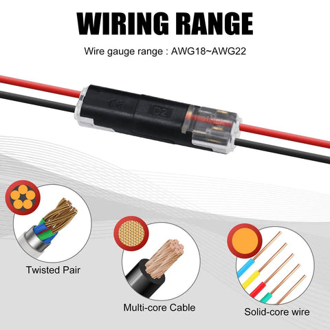 50 Pack Double Wire Plug In LED Strip Light Connectors 2 Pin Quick Connect With Locking Buckle No Stripping For AWG 18 22 Wires Easy Snap Fit Solder Free Low Voltage LED Installations shown in use with various wire types.