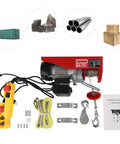 Heavy Duty 1200W Electric Hoist Winch 110V Pure Copper Motor with control and lifting accessories for garage use.