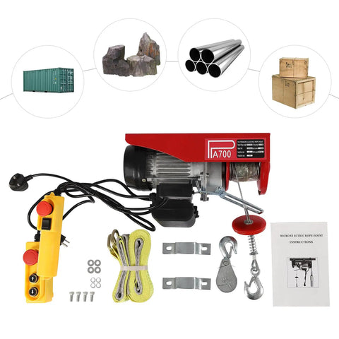 Heavy Duty 1200W Electric Hoist Winch 110V Pure Copper Motor with control and lifting accessories for garage use.