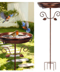 35.4 Inch Tall Vintage Metal Bird Bath With 12 Inch Diameter Bowl And 2.2 Inch Deep Removable For Easy Cleaning Freestanding Garden Yard Decor With Scrollwork And Leaf Accents Go To Backyard Centerpiece For Bird Watching with birds flying over it