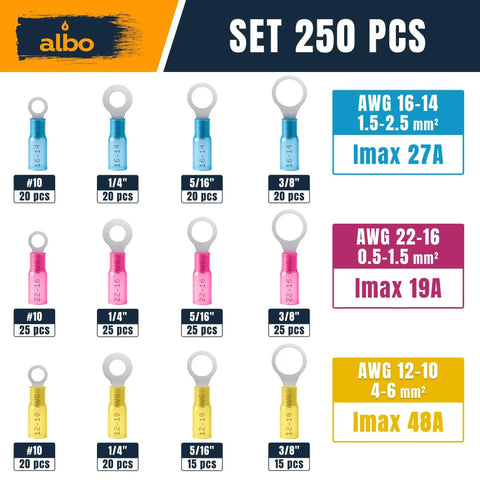 250 Pcs Heat Shrink Ring Terminal Kit Set For 22 To 10 AWG Waterproof Tinned Copper Ring Terminals Crimp Connectors Assorted Sizes