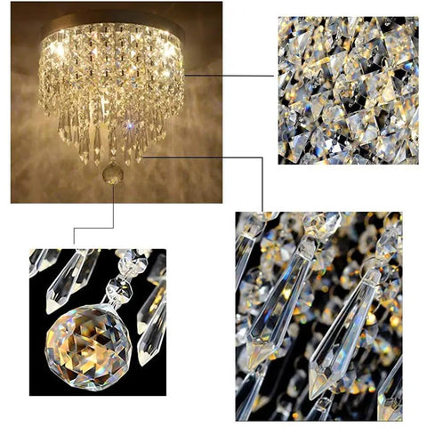 Close-up of Three Light Crystal Chandelier Mini Flush Mount Ceiling Light, showing crystal details, 12.2 in H by 9.8 in W.