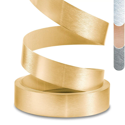 Gold Brushed Aluminum PVC Edge Banding 1.5 Inch By 25 Foot Non Glued Flexible Durable Real Veneer Edge Trim for DIY in rich gold finish