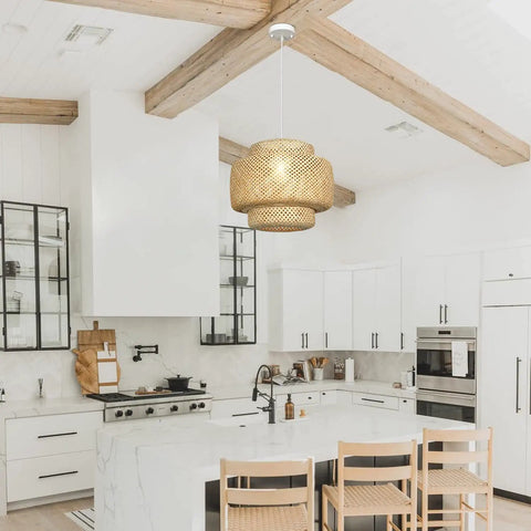 Hand-Woven Bamboo Pendant Light With Natural Rattan Shade, 16 Inch Farmhouse Style Chandelier, Adjustable Hanging Fixture For Kitchen Island, Cozy Vibe For Living Room And Dining Room, E26 Base Compatible