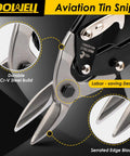 10 Inch Aviation Tin Snips Heavy Duty Metal Shears For Sheet Metal Cutting With Chrome Vanadium CrV Blade Multi Material Cutter Cuts 18 Gauge Cold And Galvanized Steel 22 Gauge Stainless Copper Aluminum PVC DIYers Handymen Pros, close-up of serrated edge blades.
