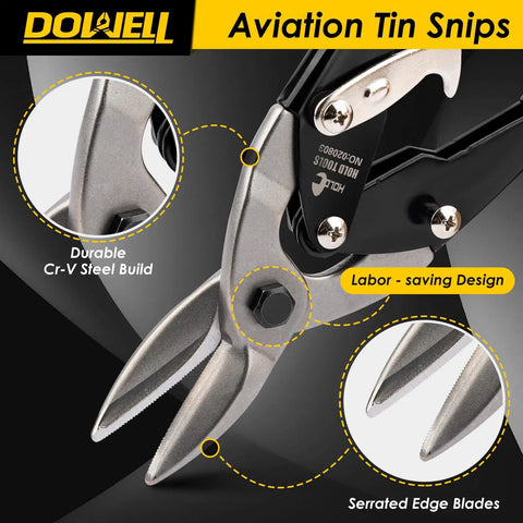 10 Inch Aviation Tin Snips Heavy Duty Metal Shears For Sheet Metal Cutting With Chrome Vanadium CrV Blade Multi Material Cutter Cuts 18 Gauge Cold And Galvanized Steel 22 Gauge Stainless Copper Aluminum PVC DIYers Handymen Pros, close-up of serrated edge blades.