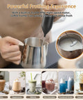 Rechargeable USB Type C Milk Frother Handheld With Stand Powerful Electric Foam Maker creating foam in a stainless steel pitcher