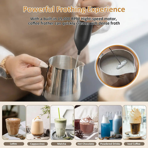 Rechargeable USB Type C Milk Frother Handheld With Stand Powerful Electric Foam Maker creating foam in a stainless steel pitcher
