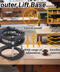 Heavy Duty Router Lift System With Four Jaw Chuck For Hassle Free Height Adjustments And Rock Solid Router Table Inserts crafted from aluminum with adjustable base.