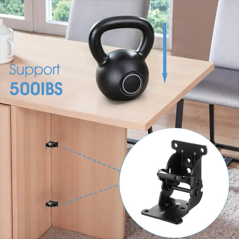 Heavy Duty Pack Of Eight Folding Brackets With Self Locking Hinges And Ridiculously Secure Non Slip Pads For Solid Table Bed Or Desk Leg Support That Folds Flat, showing black bracket holding 500 lbs.
