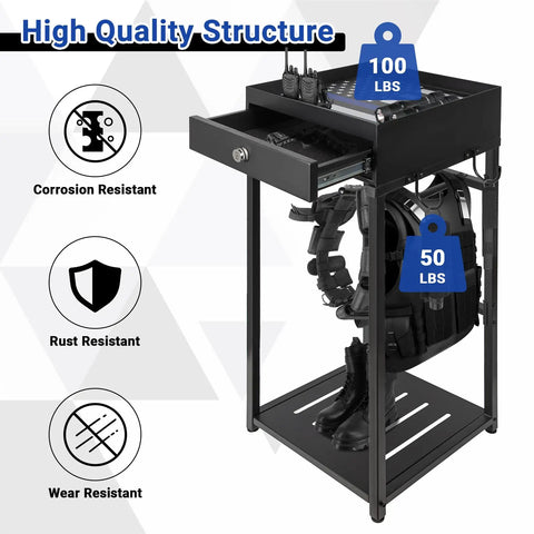 Police Gear Stand With Gun Storage, Heavy Duty Metal Rack, steel frame with 50 lb hooks for belts and vests